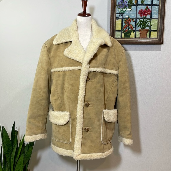 THE Coolest Vintage 1970s 80s Faux Suede Sheepskin Shearling Jacket Coat - Picture 1 of 16